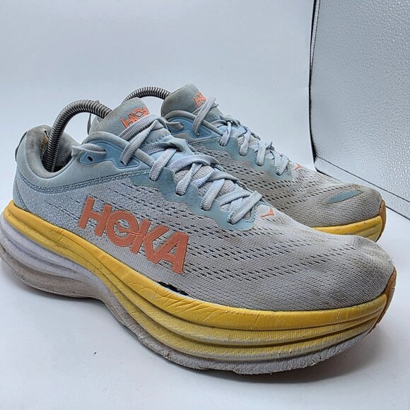 Hoka One One Bondi 8 Womens Size 10.5 B Gray Yellow Athletic Shoes Running Walk - Picture 1 of 14